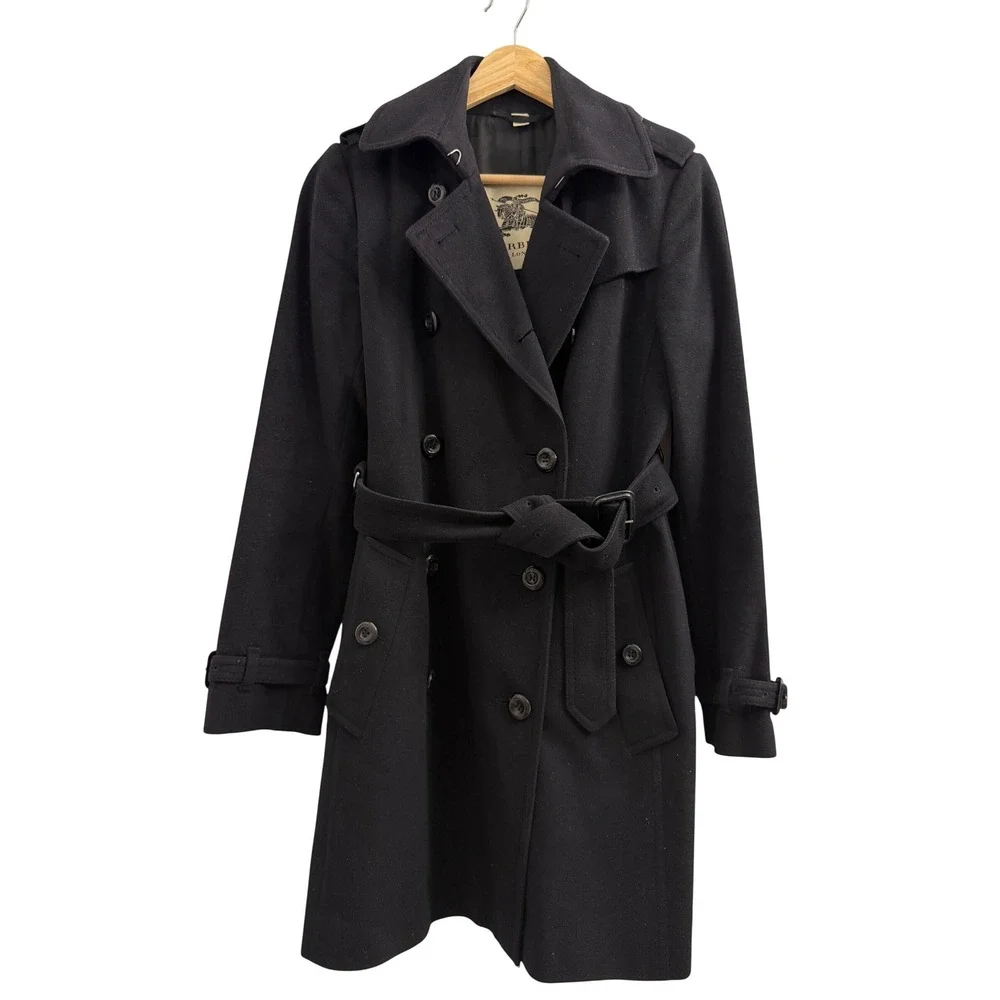 Burberry London Black Wool Cashmere Belted Trench Coat US 2 UK 4 - Picture 4 of 14